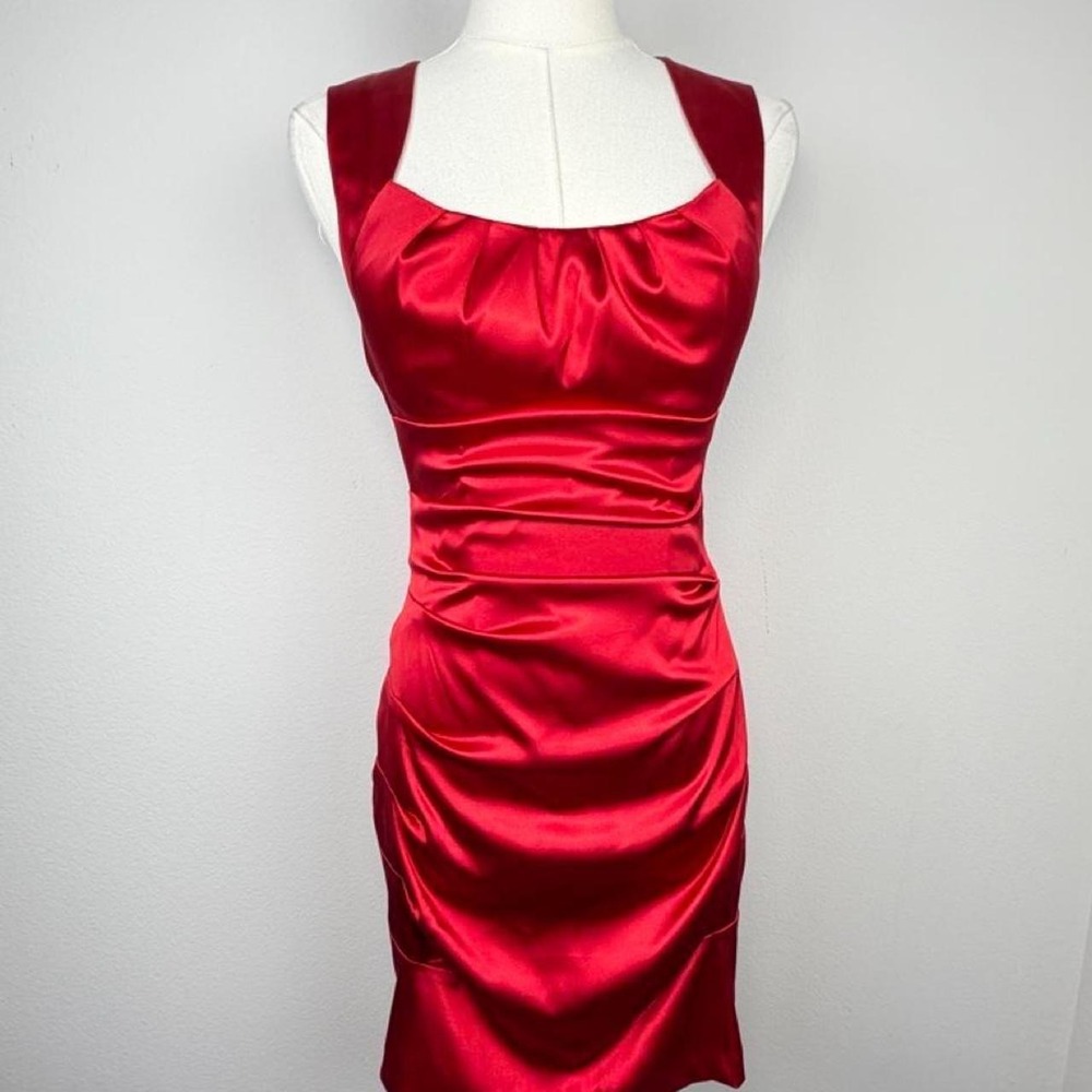 Red Satin Y2K Ruched Party Dress - Picture 3 of 7